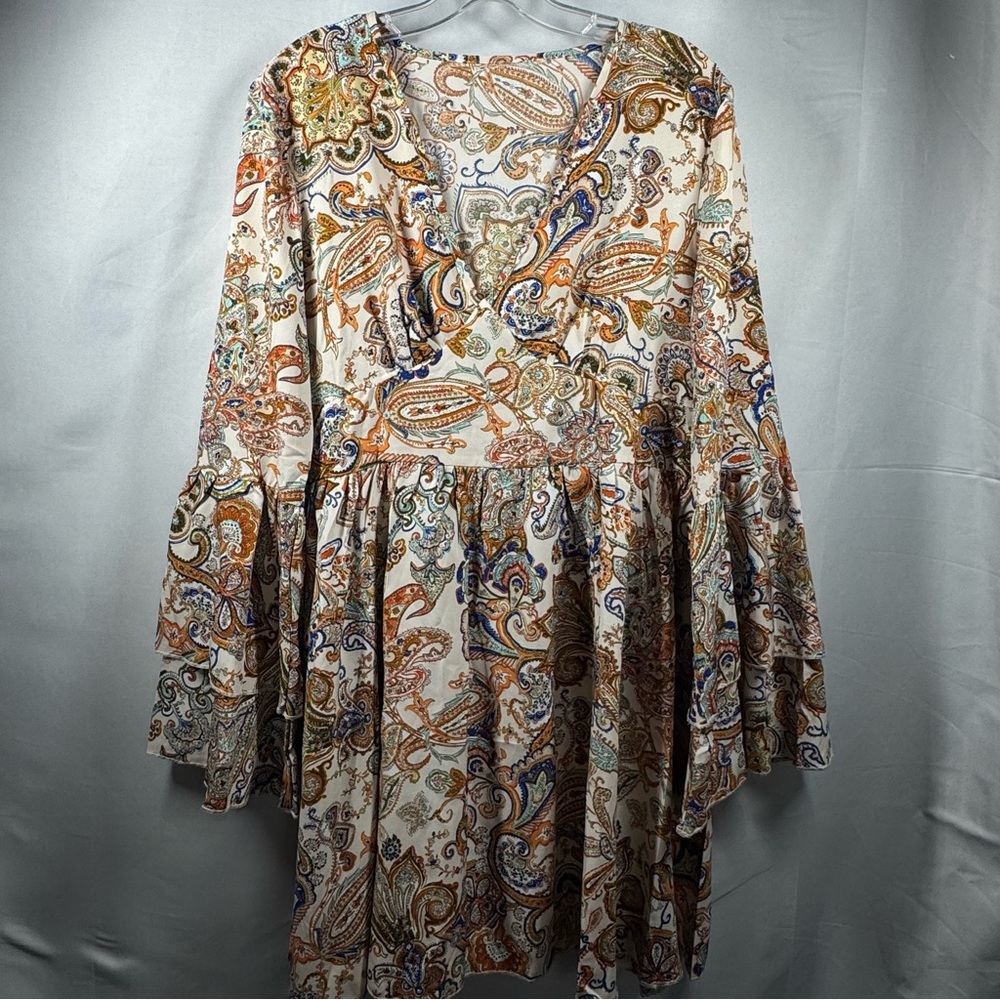 Cream Brown Paisley Print LS Bell Double‎ Ruffle Sundress Plunge Neckline Size L